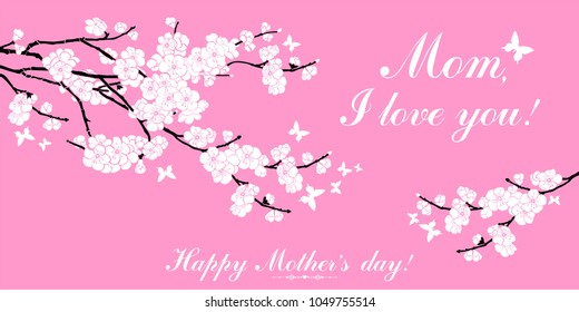 Happy mother day card. I love my mom.  Greeting card. Cherry blossom. Sakura. Celebration pink background with flower and place for your text. Vector Illustration