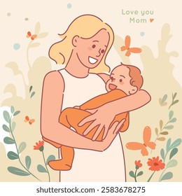 Happy mother day card. Love you mom poster, lovely woman holds cute baby, newborn in arms of parent, love and care, breastfeeding, spring background, cartoon flat isolated vector concept