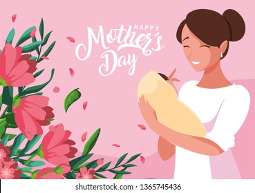 happy mother day card with mom and baby