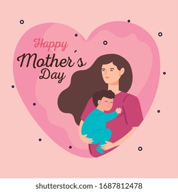 happy mother day card with woman pregnant carrying baby boy vector illustration design