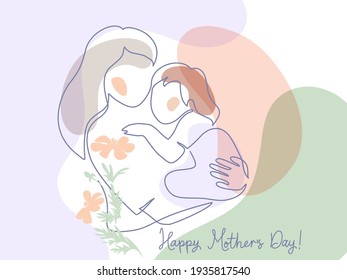 Happy Mother day card. Woman hold her baby. Continuous one line drawing with color spots and flowers. Vector illustration