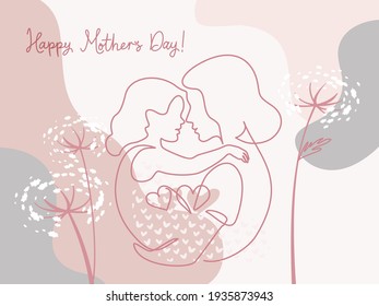 Happy Mother day card  Woman hold her baby  Continuous one line drawing and color spots   flowers  Vector illustration