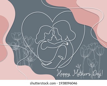 Happy Mother day card. Woman hold her baby. Continuous one line drawing with color spots and flowers. Vector illustration