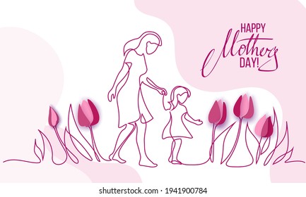 Happy Mother day card. Woman walking with her kid. Continuous one line drawing with color spots and flowers. Vector illustration