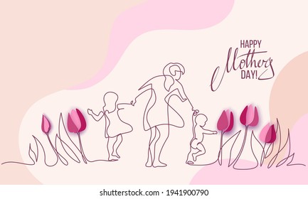 Happy Mother day card. Woman walking with her kid. Continuous one line drawing with color spots and flowers. Vector illustration