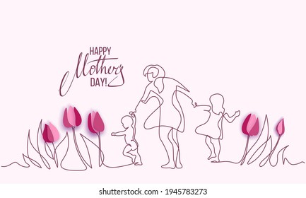 Happy Mother day card. Woman walking with her kid. Continuous one line drawing with color spots and flowers. Vector illustration
