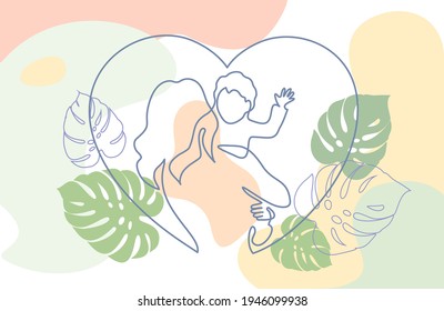 Happy Mother day card. Woman hold her baby. Continuous one line drawing with color spots, and flowers. Vector illustration