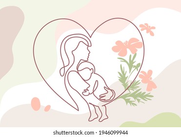 Happy Mother day card. Woman hold her baby. Continuous one line drawing with color spots, and flowers. Vector illustration