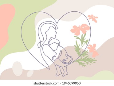Happy Mother day card. Woman hold her baby. Continuous one line drawing with color spots, and flowers. Vector illustration