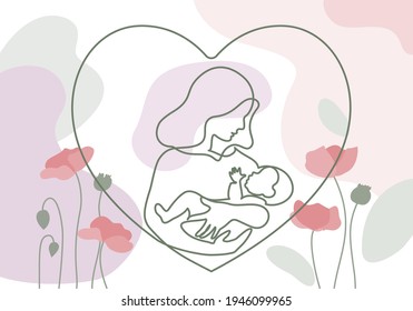 Happy Mother day card. Woman hold her baby. Continuous one line drawing with color spots, and flowers. Vector illustration
