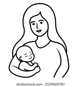 Happy mother day card, woman hold her baby.  continuous one line drawing. Vector illustration art with white background.