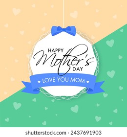 Happy Mother Day Celebration Concept with Love You Mom Message Tag Hang on Yellow and Green Hearts Pattern Background.