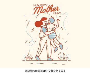 Happy mother day mother and child, lovers, persons are standing, hugging vector and illustrations