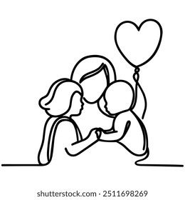 Happy Mother day. Mother with children. Continuous one line drawing. Vector illustration