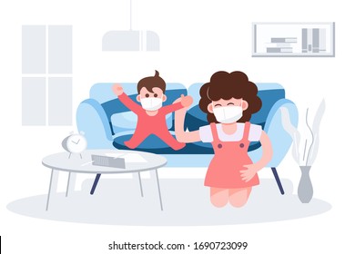 Happy mother day concept. Mother play with kid wearing masks staying home home school in the living room. Coronavirus outbreak covid-19 pandemic. Health care and medical flat character abstract people