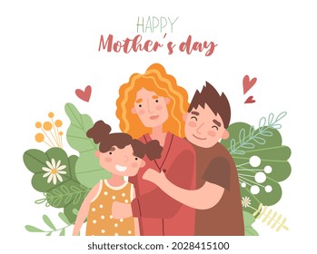 Happy Mother Day concept. Happy woman hugs son and daughter on backdroup of flowers. Mom loves her children. Postcard for holiday. Cartoon modern flat vector illustration isolated on white background