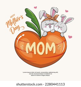 Happy Mother Day With Cute Rabbit And Heart Carrot, Vector Cartoon Illustration