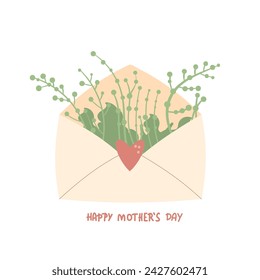 Happy Mother Day Envelope with flowers bouquet and holiday text. Spring elements set isolated on white background. Vector illustration.