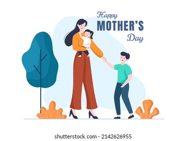 Happy Mother Day Flat Design Illustration. Mother Holding Baby or with Their Children Which is Commemorated on December 22 for Greeting Card or Poster