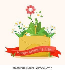 Happy mother day flat illustration with pink flower in the envelope