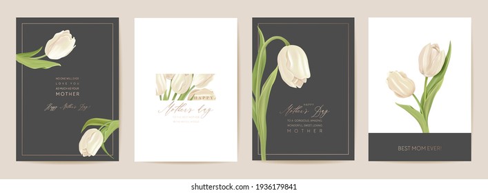 Happy Mother Day Floral Postcard. Spring Bouquet Vector Illustration. Greeting Realistic Tulip Flowers Template, Modern Flower Background, Mom And Child Card, Modern Summer Party Design For Mothers