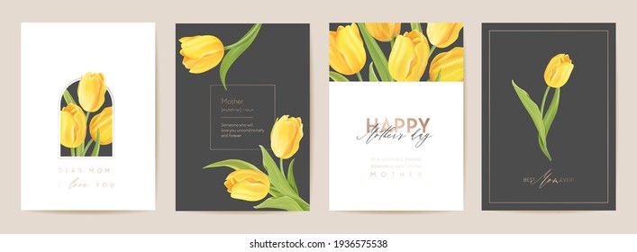 Happy Mother Day Floral Postcard. Spring Bouquet Vector Illustration. Greeting Realistic Tulip Flowers Template, Modern Flower Background, Mom And Child Card, Modern Summer Party Design For Mothers