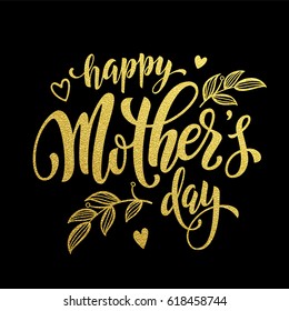 Happy Mother Day gold glitter text for vector premium greeting card on luxury black background with hearts and flowers ornament