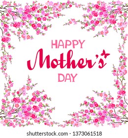 Happy mother day.  Greeting card. Celebration white background with pink flower and place for your text. Pink flowering tree. Cherry blossom. Sakura. Vector Illustration