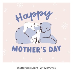 Happy Mother Day, Grußkarte mit Eisbären Mama und Babys. Urlaubspostkartendesign, quadratischer Hintergrund, süße lustige Tierfamilie, nördliche arktische Säugetier-Mami und Jungen. Flache Vektordarstellung