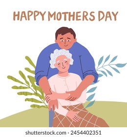 Happy Mother day, greeting card design. Old senior gray-haired mom and adult children, grownups. Family, elderly mommy, son sweet international holiday postcard. Flat vector illustration