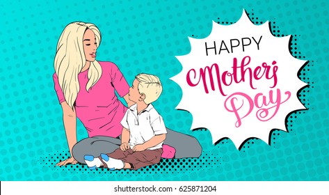 Happy Mother Day Greeting Card, Mom Embrace Son Over Pop Art Retro Pin Up Background Vector Illustration