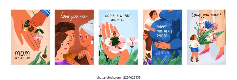 Happy Mother day greeting cards set. Mom holiday postcards designs, backgrounds with spring flower bouquet, cute children, kids, mommies, family and love quotes, phrases. Flat vector illustrations