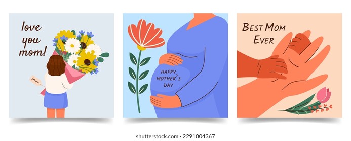 Happy Mother day greeting cards set. Motherhood holiday postcards. Mom themed designs backgrounds with Pregnant woman, Child with spring bouquet flowers, Baby and oman hands Flat vector illustration