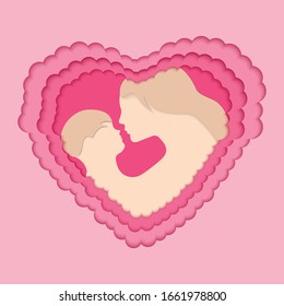 Happy mother day in heart shape, cutting paper 3D abstract banner, poster, gift card, flyer concept vector illustration. May holiday, romantic fiesta design layout. Colorful carving art.