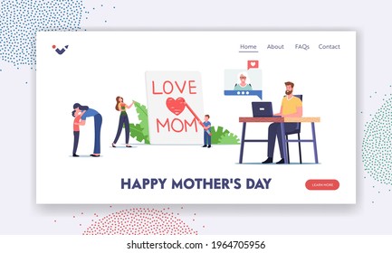 Happy Mother Day Landing Page Template. Tiny Child Character Writing Love Mom on Huge Page, Children and Adults Congratulate their Mothers, Family Connection. Cartoon People Vector Illustration