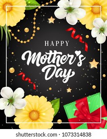 Happy Mother Day lettering in frame with gift and flowers. Mothers Day greeting card. Handwritten text, calligraphy. For greeting card, invitation, poster, postcard or banner.