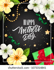 Happy Mother Day lettering in frame with gift box and flowers. Mothers Day greeting card. Handwritten and typed text, calligraphy. For greeting card, invitation, poster, postcard or banner.