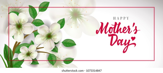 Happy Mother Day lettering in red frame with flowers. Mothers Day greeting card. Handwritten text, calligraphy. For greeting card, invitation, poster, postcard or banner.