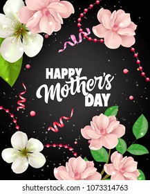Happy Mother Day lettering with streamers and flowers. Mothers Day greeting card. Handwritten and typed text, calligraphy. For greeting card, invitation, poster, postcard or banner.