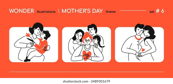 Happy Mother Day - Linie Design Stil Illustration mit Platz für Text kopieren. Eine Komposition mit verschiedenen Familien. Mix der Generationen mit Großmutter, schwangere Frau und ihrem Mann, Mutter und Sohn