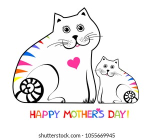 Happy mother day. I love my mom. Greeting card. Celebration white background with cat, kitten and place for your text. Vector illustration