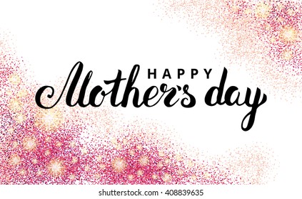 Happy mother day pink glitter background. Sparkles design in frame, border for greeting card, flyer poster, sign, banner, web header. Abstract sparkle texture for mothers day. Red Light blur sequin.