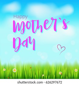 Happy mother day. Realistic greeting banner for your congratulations cards on spring backdrop with flowers, green grass, blue sky and clouds. Congratulation for beloved mother Ready for your design