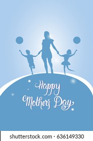 Happy Mother Day, Silhouette Mom Holding Children Hands, Spring Holiday Greeting Card Banner Flat Vector Illustration