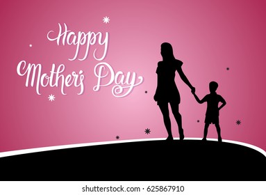 Happy Mother Day, Silhouette Woman With Child, Spring Holiday Greeting Card Banner Flat Vector Illustration