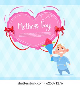 Happy Mother Day, Son Hold Flowers, Spring Holiday Greeting Card Banner Flat Vector Illustration