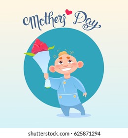 Happy Mother Day, Son Hold Flowers, Spring Holiday Greeting Card Banner Flat Vector Illustration