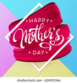 Happy Mother Day, Spring holiday pink, blue and yellow background. Lipstick red mark texture in frame. Vector illustration