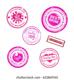 Happy Mother Day, Spring Holiday Greeting Stamp Set Flat Vector Illustration