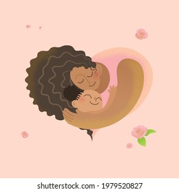 Happy Mother Day square vector card. Loving black mother hugging her young daughter in a shape of heart. Smiling woman with a cute little black girl in her arms. Background with small flowers.